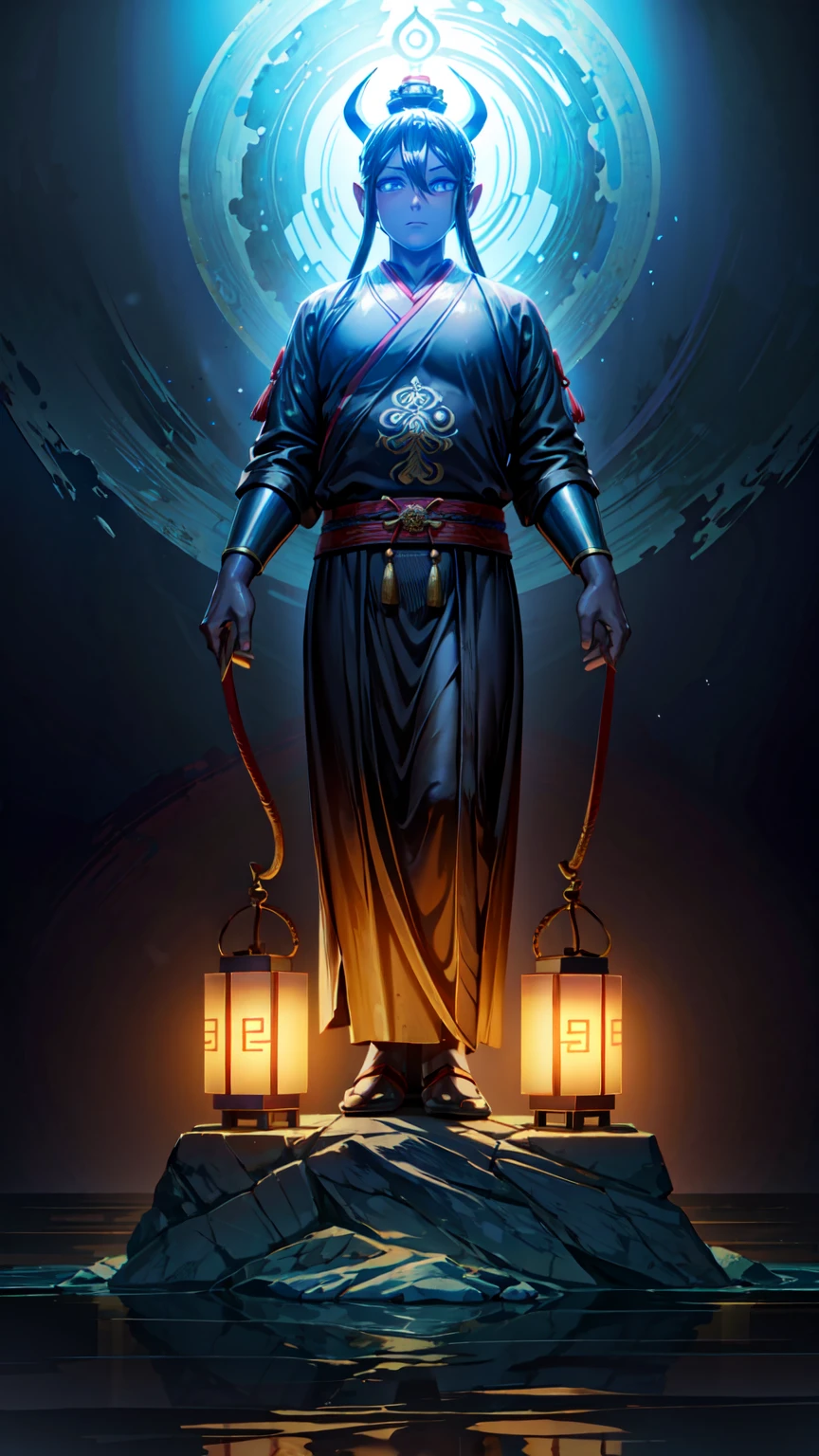 Ancient China, temple, (Mysterious Black Mist ),  Journey to the West , judge, mayor, Glazed tiles,  Buddha statues , lanterns, absurd,  realistic lighting, (abyss)  masterpiece , High quality, exquisite graphics,  High level of detail , submarine, Water prison, male,  Spirit of the Snake  