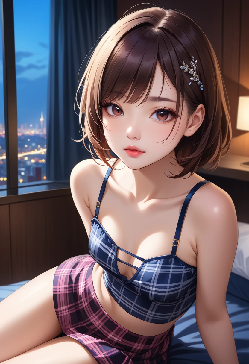 (Ultra-Detailed, Top Quality, High Resolution, Sharp Focus:1.4), (Craftsmanship Hyper-Realistic Photography:1.4), A beautiful 20 year old tiptop supermodel woman in an off-shoulder t-shirt, bra straps, plaid flared skirt is sitting on the bed in the hotel room at night, a horny atmosphere, looking at the viewer. She has medium brown hair and a hair clip, smooth pale skin, dark eyes, narrow nose, open mouth, rosy cheeks, shiny lips, small breasts. Her face, body and even the texture of her hair are rendered in extreme detail. Background window with cityscape at night, (intricate background:1.1). Side view.