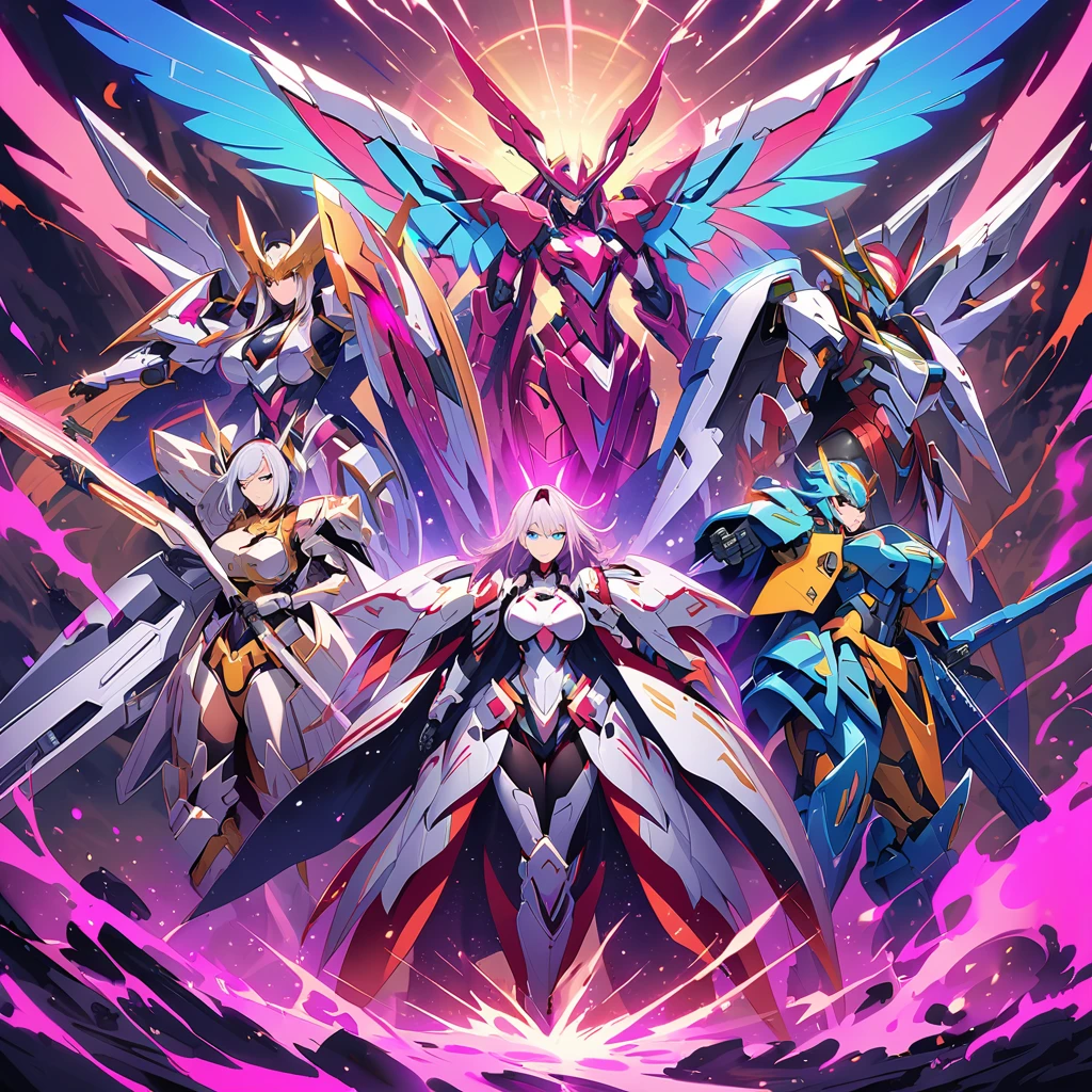 Anime, high detailed, multiple womans, mature womans, mecha armor, large mechanical wings, large Gauntlet, serious, curvy body, long mechanical wings, mecha weapons、Colored armors、magenta Colored aura、BLUE Eyes, elongated pupils,  Mature Woman、magenta aura、womans surrounding, all woman's picture, background the sideral space 