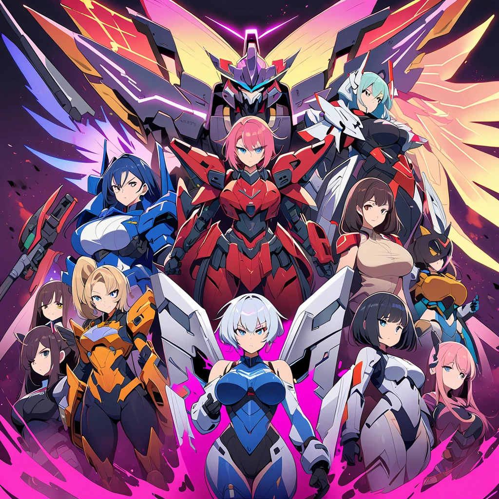 Anime, high detailed, multiple womans, mature womans, mecha armor, large mechanical wings, large Gauntlet, serious, curvy body, long mechanical wings, mecha weapons、Colored armors、magenta Colored aura、BLUE Eyes, elongated pupils,  Mature Woman、magenta aura、womans surrounding, all woman's picture, background the sideral space 