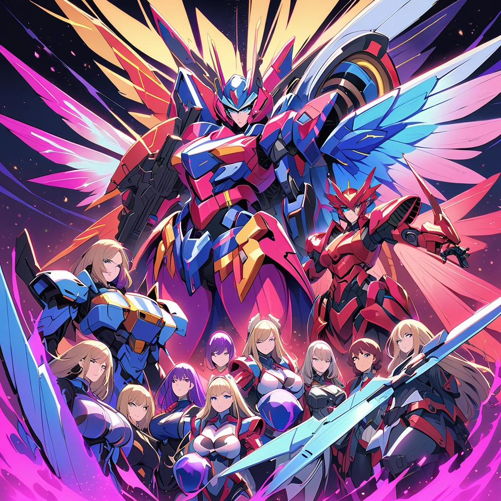 Anime, high detailed, multiple womans, mature womans, mecha armor, large mechanical wings, large Gauntlet, serious, curvy body, long mechanical wings, mecha weapons、Colored armors、magenta Colored aura、BLUE Eyes, elongated pupils,  Mature Woman、magenta aura、womans surrounding, all woman's picture, background the sideral space 