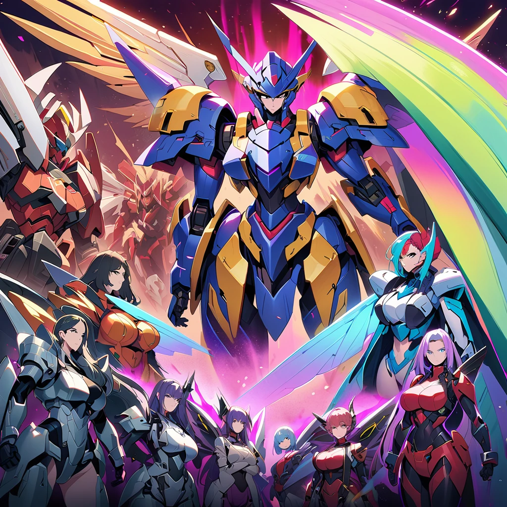 Anime, high detailed, multiple womans, mature womans, mecha armor, large mechanical wings, large Gauntlet, serious, curvy body, long mechanical wings, mecha weapons、Colored armors、magenta Colored aura、BLUE Eyes, elongated pupils,  Mature Woman、magenta aura、womans surrounding, all woman's picture, background the sideral space 