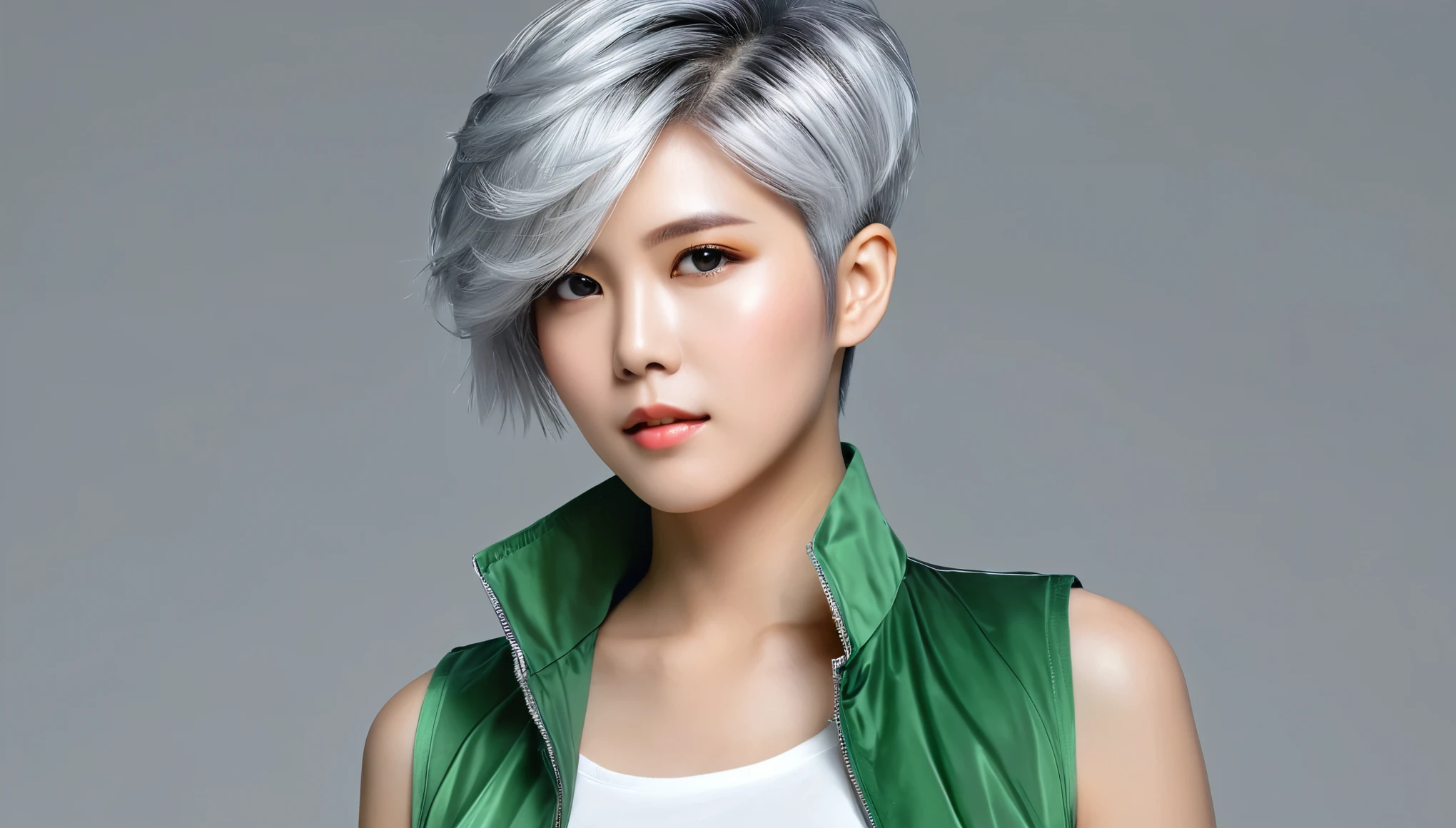 arafed woman with a short haircut and a green vest, digital art inspired by Yanjun Cheng, trending on cg society, digital art, girl silver hair, wearing silver hair, silver hair girl, silver hair, short silver hair, short hair on sides of head, short grey hair, gray hair, grey hair, yee chong silverfox, pixie undercut hairstyle