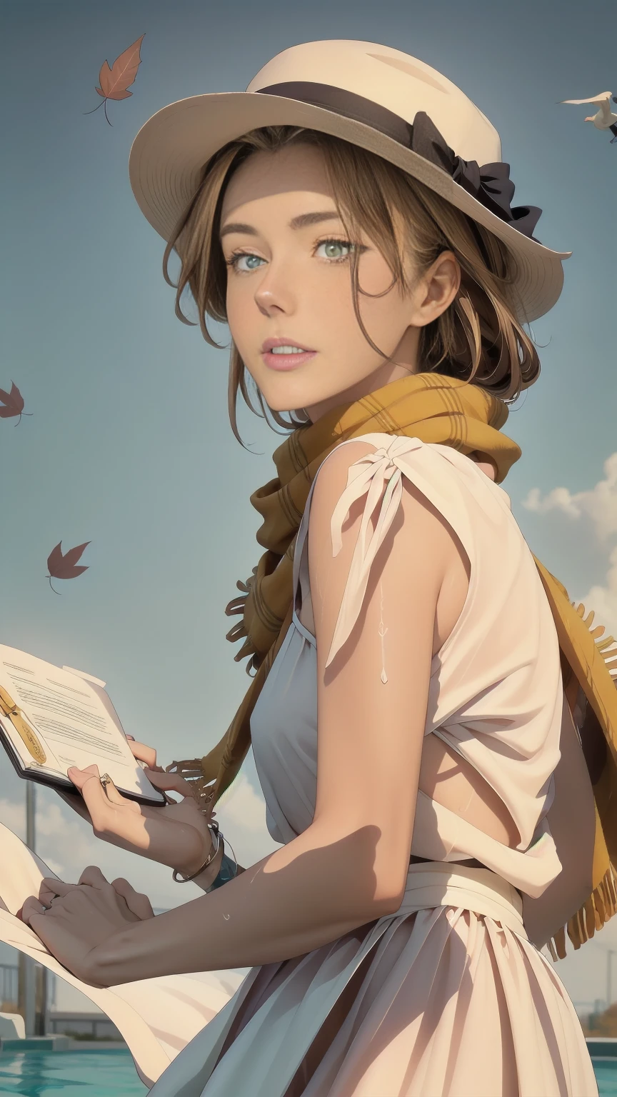 realistic anime,  beautiful bulky European woman in a beautiful designer dress ,  an anatomically correct , jewelry ,  a hat for the windy autumn  ,  a delicate scarf  ,  the hat is barely carried away by the wind , Try to grab it  ,  leaves flying in the wind  ,  crosses the road with some pools of water  ,  sheets of diaries that fly in the wind  ,  everyday scene of autumn  ,  beautiful and delicate details elaborated  , award-winning image,  masterpiece  , U High definition , Retina,  masterpiece , necessary,  designer wallet  , old-school ,  super detail , High details, High quality ,  Award winner  , The best quality, highres, 1080P,  High definition , 16K