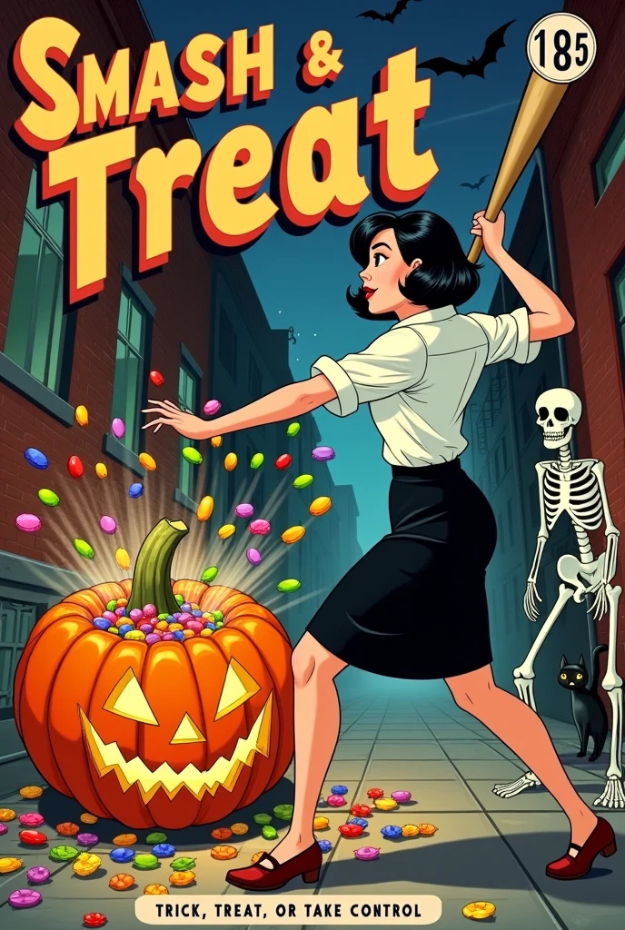 **Scene Summary:**

The comic book cover, inspired by the 1940s, features an Asian woman with short black hair in a dynamic pose, resembling a baseball player. Dressed in a white blouse and a black pencil skirt, she is in mid-swing, smashing a large Halloween pumpkin with a baseball bat. Upon impact, the pumpkin bursts open, sending a colorful shower of candies—caramels, lollipops, and chocolates—scattering in all directions.

Her face shows a mix of determination and joy, capturing the fun of the moment. The background is a moonlit urban alley, with brick walls and a hint of mist in the air. Details like bats flying overhead, a bewildered black cat watching, and spider webs in windows add an air of mystery.

The title "Smash & Treat" shines with a metallic effect, while the tagline “Trick, Treat, or Take Control!” conveys the energy of the scene. A cheerful skeleton in the corner holds up a piece of candy, inviting viewers to join the celebration, reflecting the blend of horror and fun that Halloween brings.