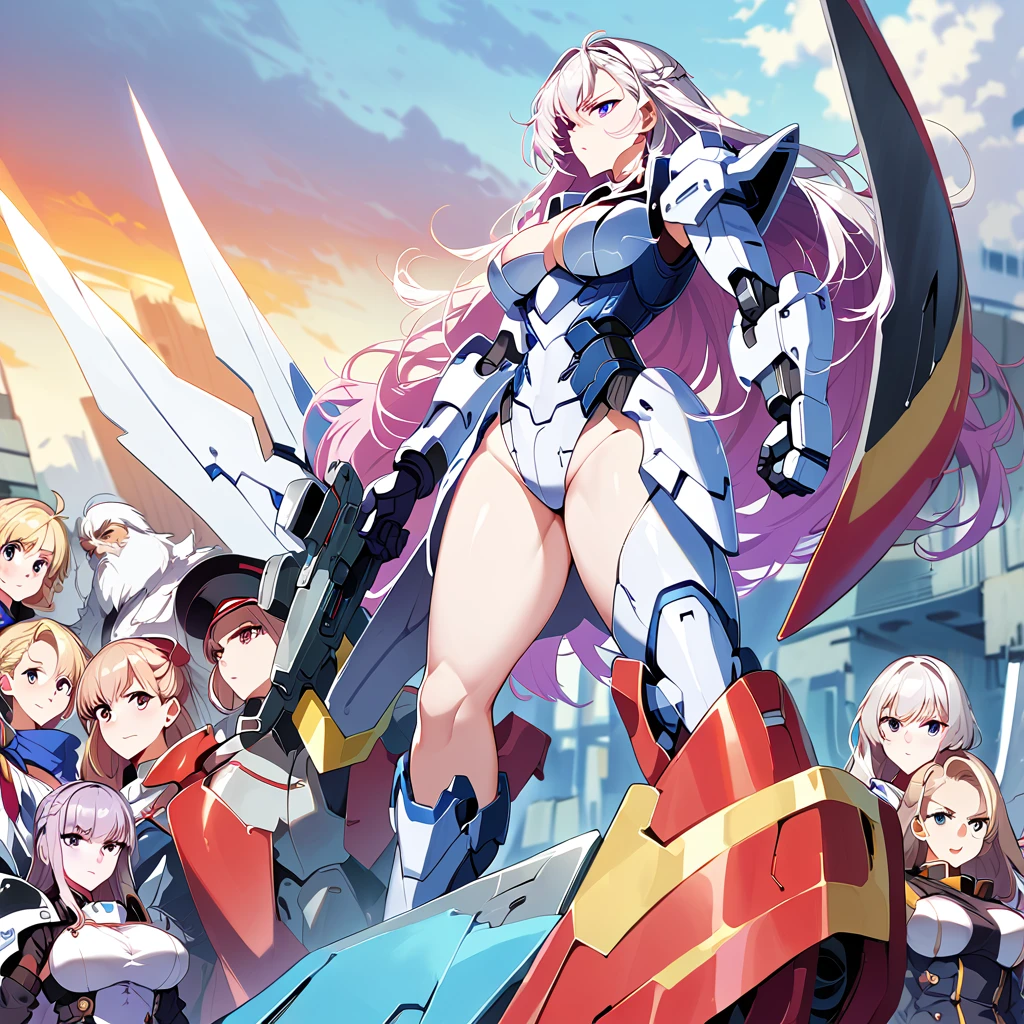 Anime, high detailed, multiple womans, mature womans, mecha armor, large mechanical wings, large Gauntlet, serious, curvy body, long mechanical wings, mecha weapons、Colored armors、magenta Colored aura、BLUE Eyes, elongated pupils,  Mature Woman、magenta aura、womans surrounding, all woman's picture, background the sideral space 