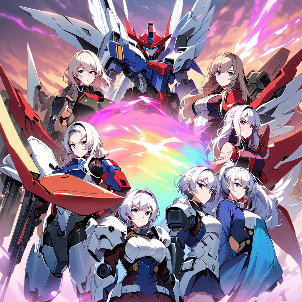 Anime, high detailed, multiple womans, mature womans, mecha armor, large mechanical wings, large Gauntlet, serious, curvy body, long mechanical wings, mecha weapons、Colored armors、magenta Colored aura、BLUE Eyes, elongated pupils,  Mature Woman、magenta aura、womans surrounding, all woman's picture, background the sideral space 