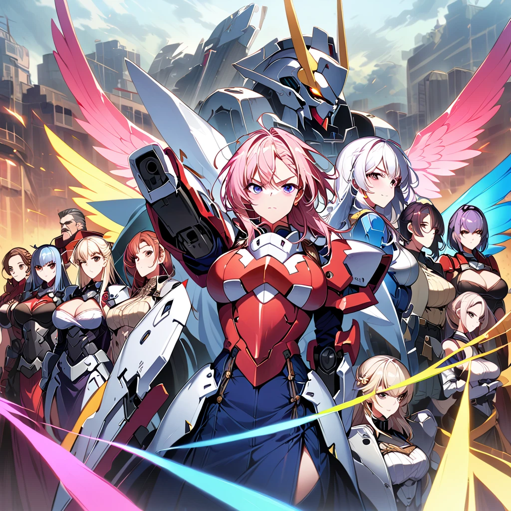 Anime, high detailed, multiple womans, mature womans, mecha armor, large mechanical wings, large Gauntlet, serious, curvy body, long mechanical wings, mecha weapons、Colored armors、magenta Colored aura、BLUE Eyes, elongated pupils,  Mature Woman、magenta aura、womans surrounding, all woman's picture, background the sideral space 