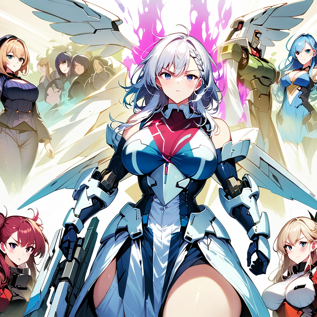 Anime, high detailed, multiple womans, mature womans, mecha armor, large mechanical wings, large Gauntlet, serious, curvy body, long mechanical wings, mecha weapons、Colored armors、magenta Colored aura、BLUE Eyes, elongated pupils,  Mature Woman、magenta aura、womans surrounding, all woman's picture, background the sideral space 