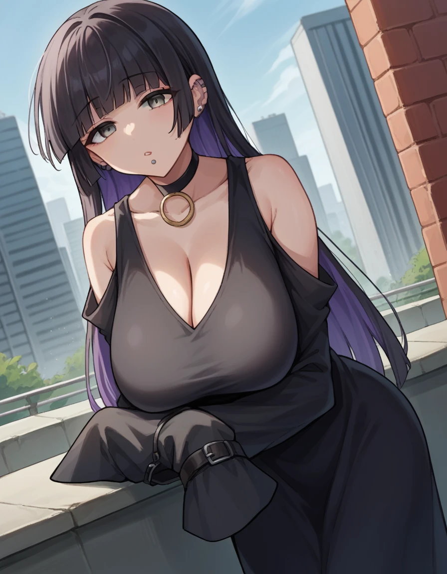  score_9,  score_8_up,  score_7_up, sauce_Anime,
Passed, Passed,  Black Hair ,  short bang , blunt end, chin  piercing ,  Colored Internal Hair, ear  piercing , Grey Eyes, hime cut, Long Hair,  Medium Bangs ,   MULTI-COLOR HAIR,  piercing , Purple Hair,  mature women,(Large Breasts:1.5), ((  long saggy breasts  ))、Big cleavage,
Shoulder Bare, black  choker, black dress,  black sleeve,  choker, clothing cutout, Sleeveless, dress, gothic, shoulder cutout ,  Sleeves Past Fingers , Sleeves past the wrist, Very long sleeves,
Outdoor, cityscape, Leaning forward,
 watching viewers ,  cowboy shot,  Dutch angle ,