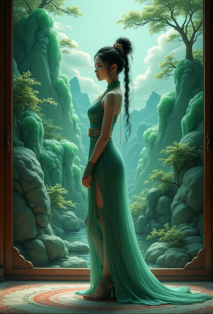  A lady stands in front of a large jade screen， A jade screen is carved with a landscape painting,  Showing off the intricate details of the mountains, river,  and natural.  The lady,  exudes elegance and grace,  The grandeur of the jade screen frames the picture,  It serves as a majestic backdrop， Enhances the visual appeal and cultural significance of the scene.  The woman contrasts with the exquisite jade artwork， Creating a striking composition， Highlights the beauty of the natural and artistic elements in the photograph，beautiful girl_warrior_Sailor Suit_moon,  actual ，  Jade leggings,  unique，Jade hair，ruby， Many anatomically correct , white jade skin ， Jade suit， Smile， beautiful ，Camel toe， The background is a jade carving depicting a serene landscape