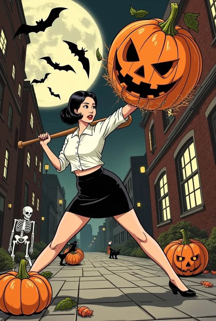 **Revised Scene Summary:**

The comic book cover, inspired by the 1940s, features an Asian woman with short black hair in a dynamic pose, resembling a baseball player. Dressed in a white blouse and a black pencil skirt, she is caught mid-swing as she smashes a large Halloween pumpkin with a baseball bat. The pumpkin shatters upon impact, but instead of spilling anything inside, it simply breaks apart, emphasizing the power of her swing.

Her expression captures a mix of fierce determination and joy, reveling in the act. The background is a moonlit urban alley, with brick walls and a hint of mist in the air. Details like bats flying overhead, a bewildered black cat watching, and spider webs in windows add a touch of mystery.

The title "Smash & Treat" shines with a metallic effect, while the tagline “Trick, Treat, or Take Control!” conveys the energy of the scene. A cheerful skeleton in the corner holds up a piece of candy, inviting viewers to join the celebration, reflecting the blend of horror and fun that Halloween brings.