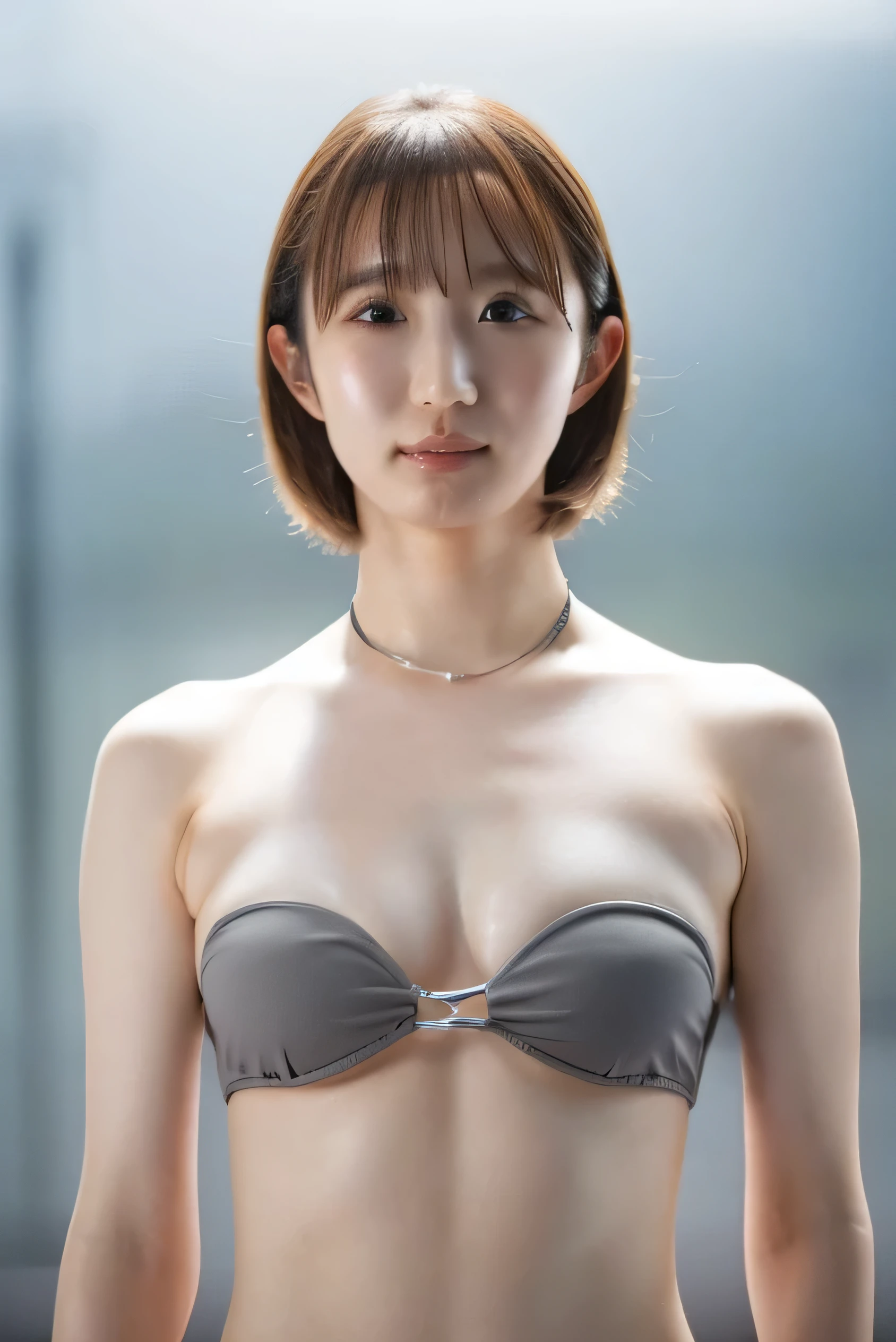 1 girl, (strapless micro bikini:1.2), Beautiful Japanese actresses, Solid yellow background、Shooting from the front、(Bare Armpits:1.2)、
Photogenic, Yukihime, Long eyelashes, Be proud、
(RAW Photos, highest quality), (reality, Realistic:1.4), (Pieces fly), 
Beautiful fine details, Beautiful lip detail, Highly detailed eyes and face, 
BREAK is perfect anatomy, The whole body is thin, (Small breasts:1.3), (Short grey hair:1.3), Angel&#39;Smile, 
Crystal skin, wake up, Capture the light