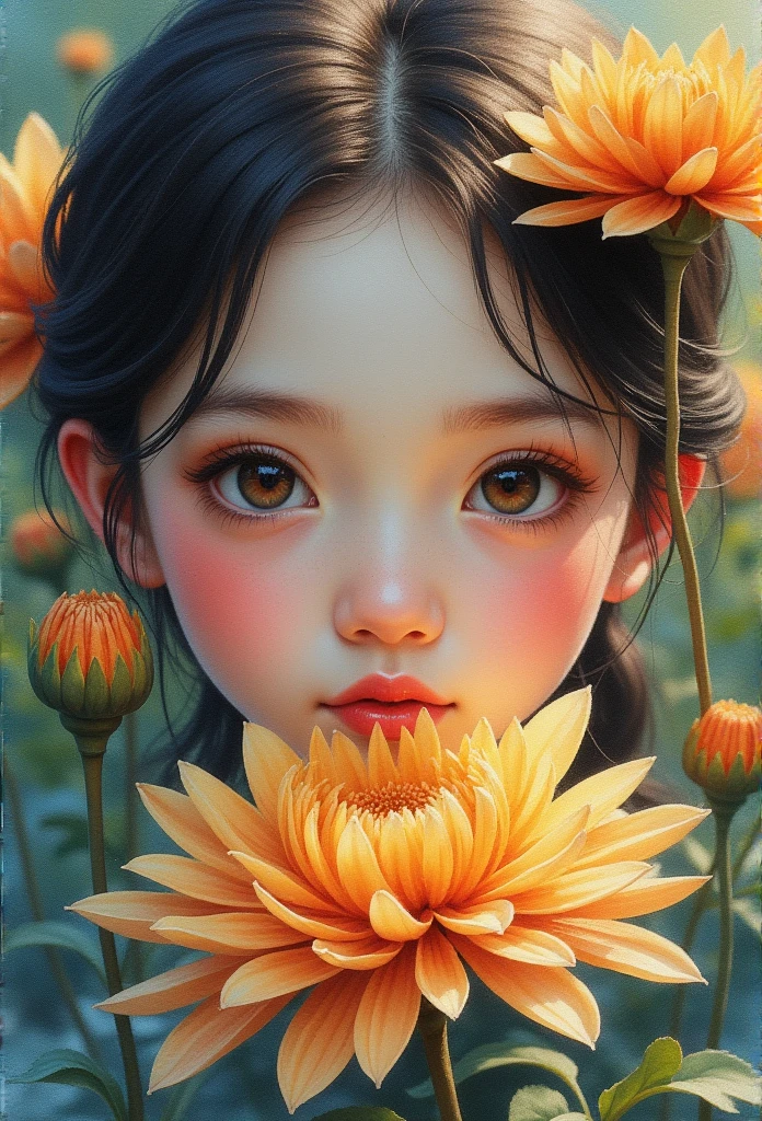  a girl in the garden , medium: Watercolor,  beautiful and detailed eyes ,  beautiful delicate lips ,   extremely detailed eyes and face ,  Long Lashes, 1 Girl,  papier-chrysanthemum  (Dry chrysanthemum ),  detailed petals ,  bright colors ,  the soft lighting ,  is the best quality,  actual .  oil is flax 