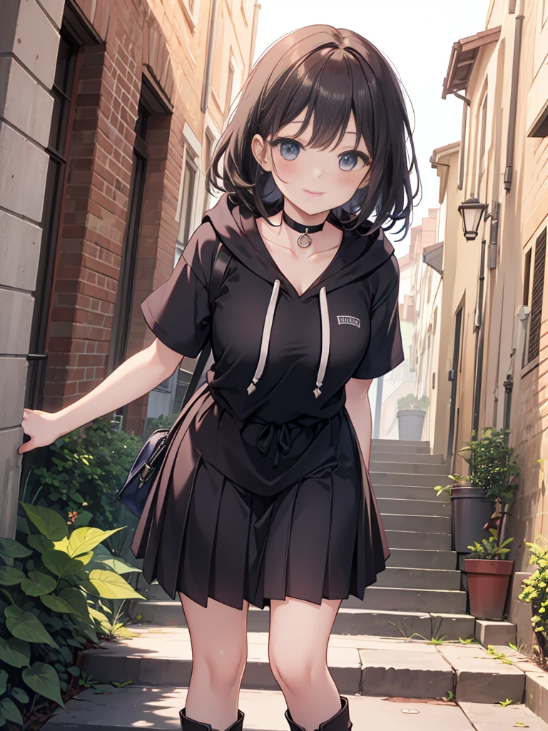 Masterpiece,best quality,high qualitya girl wearing black boots with short sleeves standing in front of a staircase, 1girl, solo, skirt, breasts, looking at viewer, smile, boots, pleated skirt, long hair, blush, cleavage, black footwear, hood, choker, black skirt, hoodie, stairs, collarbone, drawstring, long sleeves, leaning forward,add_detail:1, add_detail:0, add_detail:0.5