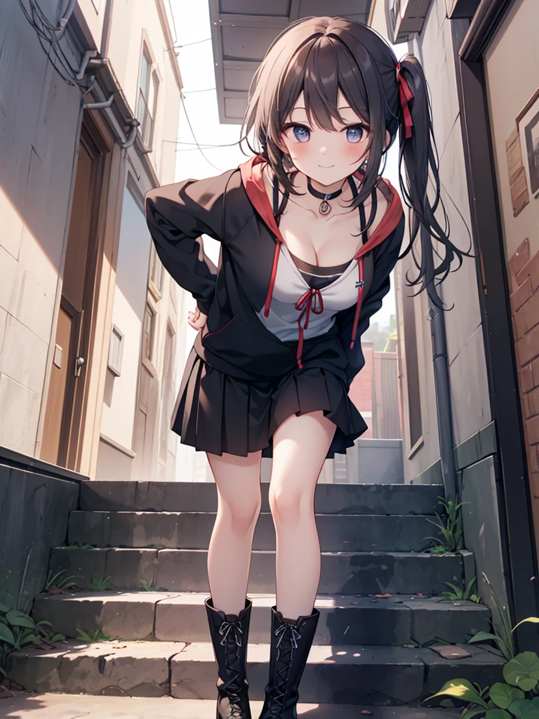 Masterpiece,best quality,high qualitya girl wearing black boots with short sleeves standing in front of a staircase, 1girl, solo, skirt, breasts, looking at viewer, smile, boots, pleated skirt, long hair, blush, cleavage, black footwear, hood, choker, black skirt, hoodie, stairs, collarbone, drawstring, long sleeves, leaning forward,add_detail:1, add_detail:0, add_detail:0.5