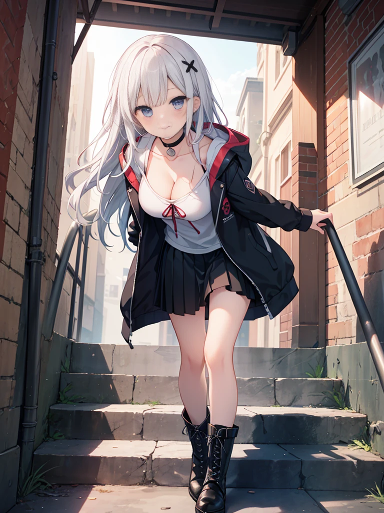 Masterpiece,best quality,high qualitya girl wearing black boots with short sleeves standing in front of a staircase, 1girl, solo, skirt, breasts, looking at viewer, smile, boots, pleated skirt, long hair, blush, cleavage, black footwear, hood, choker, black skirt, hoodie, stairs, collarbone, drawstring, long sleeves, leaning forward,add_detail:1, add_detail:0, add_detail:0.5