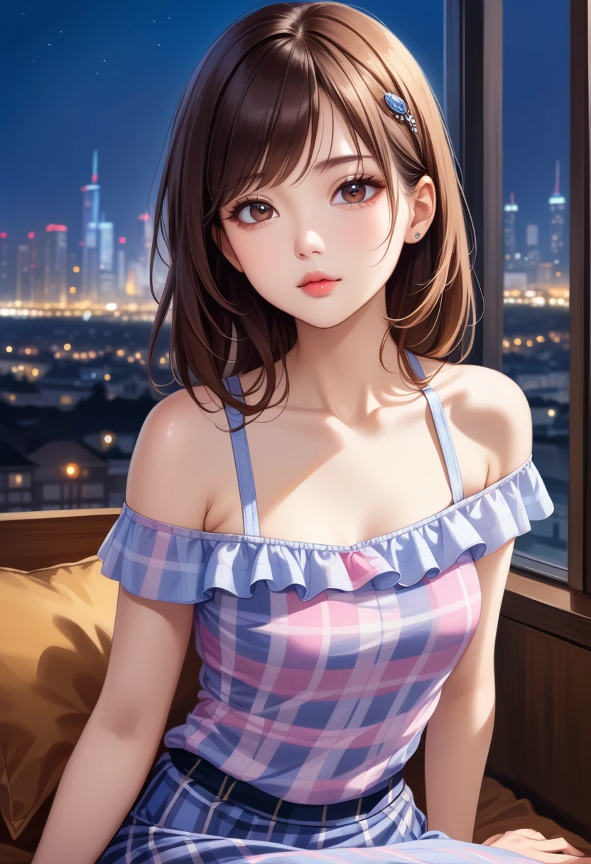 (Ultra-Detailed, Top Quality, High Resolution, Sharp Focus:1.4), (Craftsmanship Hyper-Realistic Photography:1.4), A beautiful 20 year old tiptop supermodel woman in an off-shoulder t-shirt, bra straps, plaid flared skirt is sitting on the bed in the hotel room at night, a horny atmosphere, looking at the viewer. She has medium brown hair and a hair clip, smooth pale skin, dark eyes, narrow nose, open mouth, rosy cheeks, shiny lips, small breasts. Her face, body and even the texture of her hair are rendered in extreme detail. Background window with cityscape at night, (intricate background:1.1). Side view.