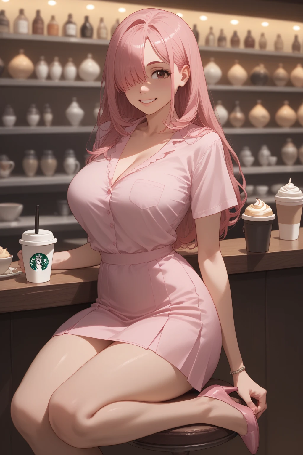 uraraka, long hair ,(   hair covers one eye   ). Sensual, smile,  long hair  ,  BIG BREASTS, beautiful legs, thick thighs,((( Chic pink silk blouse with thin straps ))), Short pleated skirt  , smile,Alone,perfect anatomy . full legs.  Sit elegantly in a chic coffee shop ,    seated over a cup of coffee  ,  very elegant and sensual   .  vivid colors . detailed
