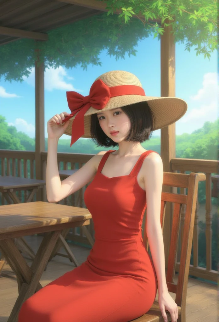 “A young woman with short black hair, wearing a vibrant red dress, sitting outdoors under the shade of trees. She is holding a large straw hat with a ribbon tied in a bow, partially covering her face, creating a soft and mysterious look. The background features wooden tables and chairs, and the scene is bathed in natural light with a blue sky and tree branches overhead. The atmosphere is calm, with a gentle and serene mood, captured in a dreamy, soft-focus style.”