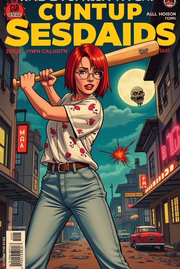 cover features a stunning young woman with vibrant red hair cut into a stylish bob, wearing round glasses that add a quirky charm to her look. Dressed in oversized clothing, she sports a loose-fitting shirt adorned with a playful flamingo print, paired with baggy jeans and classic Nike sneakers.

In a dynamic pose, she’s poised to swing a baseball bat, exuding confidence and energy. The bat is raised high as she prepares to strike, capturing the action in a hyper-realistic style.

Close to the camera, a zombie head flies through the air, its expression a mix of surprise and menace, adding a thrilling element to the scene. The background is a vivid cyberpunk, post-apocalyptic landscape, featuring neon lights, crumbling buildings, and a haze of atmospheric smoke that enhances the dramatic feel.

The overall design reflects the classic comic book aesthetic of the 1940s, with bold colors and stylized typography. The title at the top bursts with energy, while the tagline below hints at adventure and chaos in a world gone awry, perfectly marrying horror and humor in this captivating comic cover.