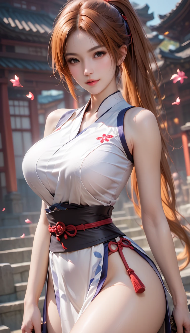 score_9, score_8_up, score_7_up, masterpiece, ultra detailed, 1 female, realistic,ntpn,solo, Japanese, Large breasts, Kunoichi dress, Kasumi erotic cosplay, Ponytail