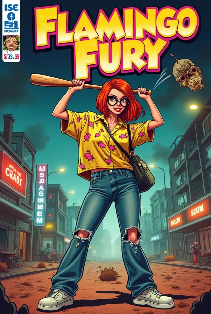 A comic book cover titled "Flamingo Fury" features a stunning young woman with vibrant red hair in a stylish bob and round glasses that add a quirky charm. She wears oversized clothing, including a loose-fitting shirt with a playful flamingo print, baggy jeans, and classic Nike sneakers. In a dynamic pose, she holds a baseball bat high, ready to swing, exuding confidence and energy. Close to the camera, a zombie head flies through the air with a mix of surprise and menace, adding a thrilling and humorous twist. The background is a vivid cyberpunk, post-apocalyptic landscape filled with neon lights, crumbling buildings, and a haze of atmospheric smoke. In the top right corner, the price is marked as “$3.99,” and in the top left corner, “Issue #1” is prominently displayed. At the bottom, a catchy tagline reads, “Swing into the Chaos!” A small publisher logo appears in the bottom corner, completing the design. The overall layout captures the classic comic book aesthetic of the 1940s with bold colors, dynamic typography, and vintage-style graphics, creating an engaging cover that combines humor, action, and horror in a post-apocalyptic setting.