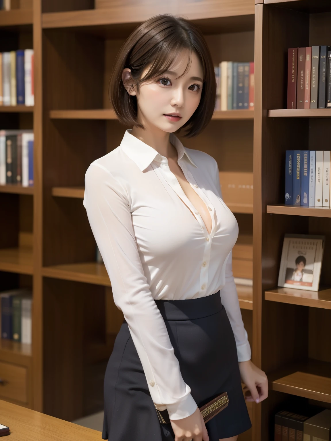 ((masterpiece))、(( best quality ))、 reality、 High image quality 、reality的な照明、secretary、40 years old、Delicate facial features、 short hair、reality的な背景とアクセサリー、 Big, Fuller Breasts、Sexy lips、library、Tight-fitting collared t-shirt 、 fits perfectly and delicately on the chest、 I can see her cleavage， wide shot 、Standing in a bookshelf、Search for books、 tight skirt、Thighs、