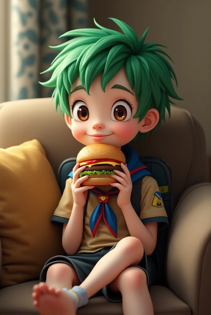 blue hair, short hair, eats potatoes