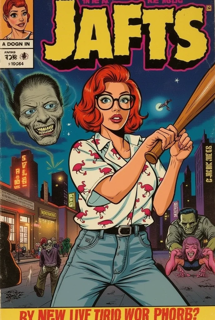 cover features a stunning young woman with vibrant red hair cut into a stylish bob, wearing round glasses that add a quirky charm to her look. Dressed in oversized clothing, she sports a loose-fitting shirt adorned with a playful flamingo print, paired with baggy jeans and classic Nike sneakers.

In a dynamic pose, she’s poised to swing a baseball bat, exuding confidence and energy. The bat is raised high as she prepares to strike, capturing the action in a hyper-realistic style.

Close to the camera, a zombie head flies through the air, its expression a mix of surprise and menace, adding a thrilling element to the scene. The background is a vivid cyberpunk, post-apocalyptic landscape, featuring neon lights, crumbling buildings, and a haze of atmospheric smoke that enhances the dramatic feel.

The overall design reflects the classic comic book aesthetic of the 1940s, with bold colors and stylized typography. The title at the top bursts with energy, while the tagline below hints at adventure and chaos in a world gone awry, perfectly marrying horror and humor in this captivating comic cover.