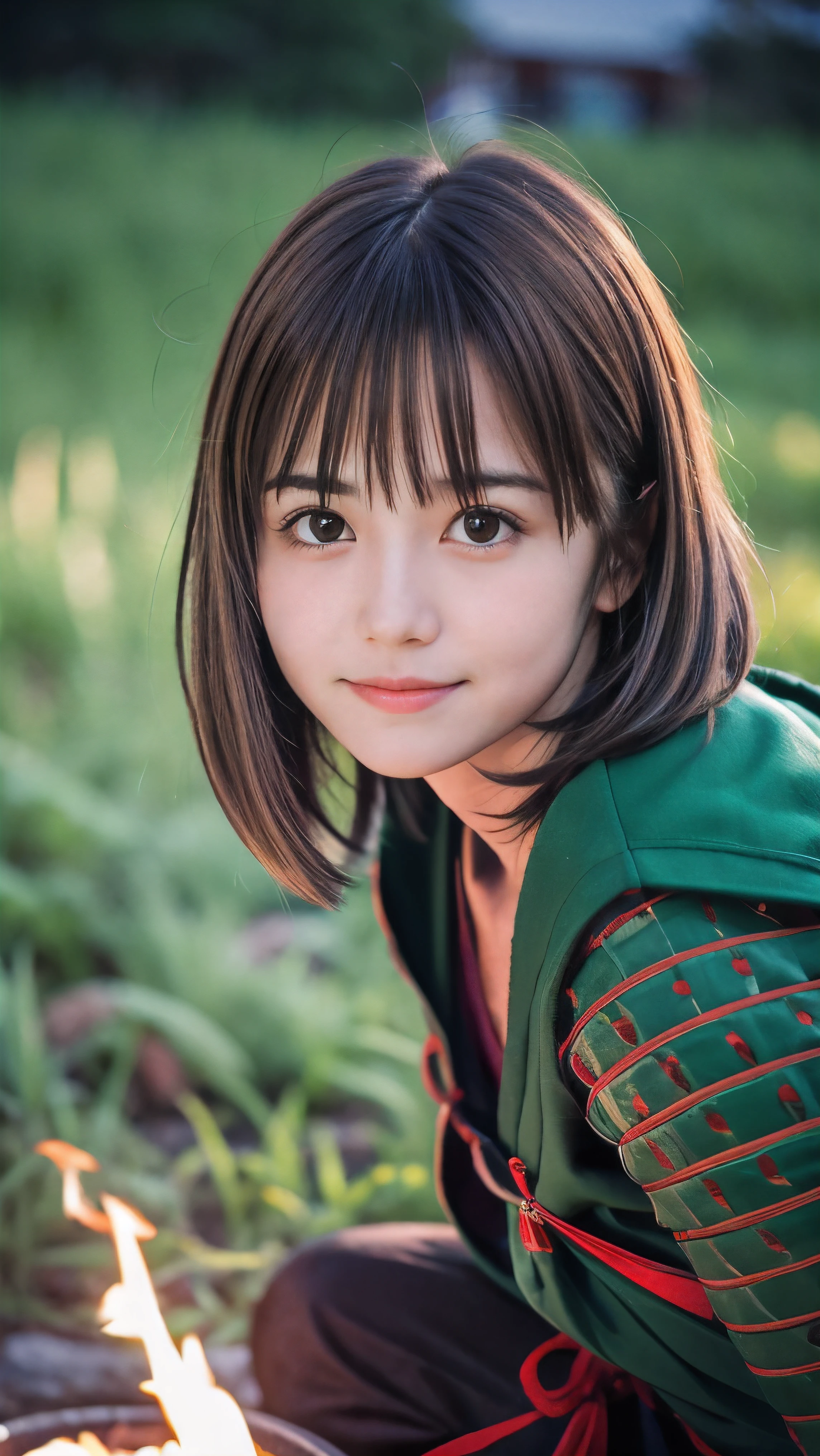 (Close up portrait of one slender small breast round face brown short hair with bangs girl in a green colored dirty armor warrior as samurai in Japan :1.5)、(One girl take a rest near the bonfire on the wilderness land in old Japan with dirty little smile:1.5)、(Dark midnight background:1.5)、(blurred background:1.5)、(Natural light:1.5)、(8k ultra detailed master piece:1.5)、(perfect anatomy:1.5)、(Photorealistic stick:1.5)、(Raw photo:1.3)、(highest quality:1.5)、(High resolution:1.3)、(Delicate and beautiful perfect face:1.3)、(Delicate and beautiful eye air skin:1.3)、(Real Human Skin:1.3)、((thin legs))