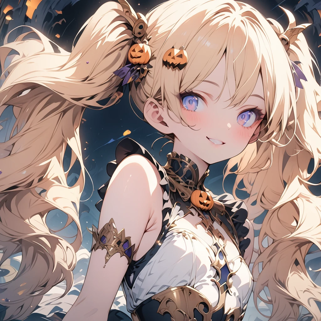 Absurd,anime,Detailed and beautiful eyes,(art),(artistic clothing:1.5),ハロウィンコスプレ,Halloween,sleeveless,Blonde, twin tails,smile,(a girl:1.5),from the waist up,(small breasts:1.2),(small chest:1.2),mysterious,Hello,(Large detailed hair ornament:1.2),(look away:1.5),detailed clothes,Flashy Moves,Mechanical,masterpiece, moe kawaii,abyss,luster,lame,(ultra detailed:1.2), ((highest quality)) ,Extremely Delicately Beautiful ,64k