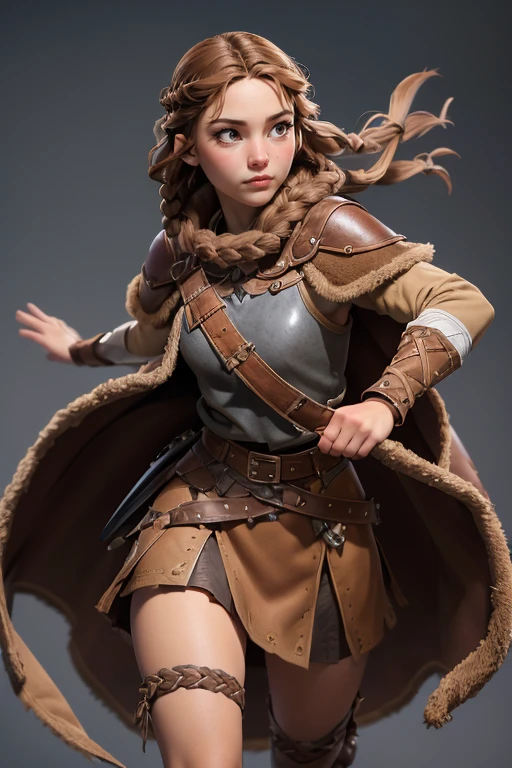 ( masterpiece ,  The best quality ) (young warrior woman of nordic descent), (Brown eyeuscular), (fur skirt), (short skirt) (Brown hair color),(loose hair with small braids on the scalp), (leather strap top) feathers, cape over the shoulder, bufas, (blue, gray and brown suit). Fighting position.