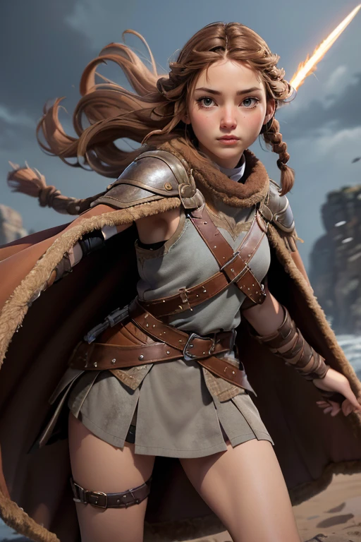 ( masterpiece ,  The best quality ) (young warrior woman of nordic descent), (Brown eyeuscular), (fur skirt), (short skirt) (Brown hair color),(loose hair with small braids on the scalp), (leather strap top) feathers, cape over the shoulder, bufas, (blue, gray and brown suit). Fighting position.