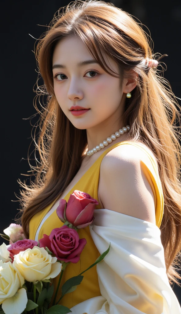 a close up of a woman wearing a yellow dress and a pearl necklace, beautiful south korean woman, yanjun chengt, ruan jia beautiful!, gorgeous chinese model, cute beautiful, very beautiful girl, inspired by Huang Ji, sha xi, ethereal beauty, cute elegant pose, lalisa manobal, lovely delicate face, cute korean actress, korean girl