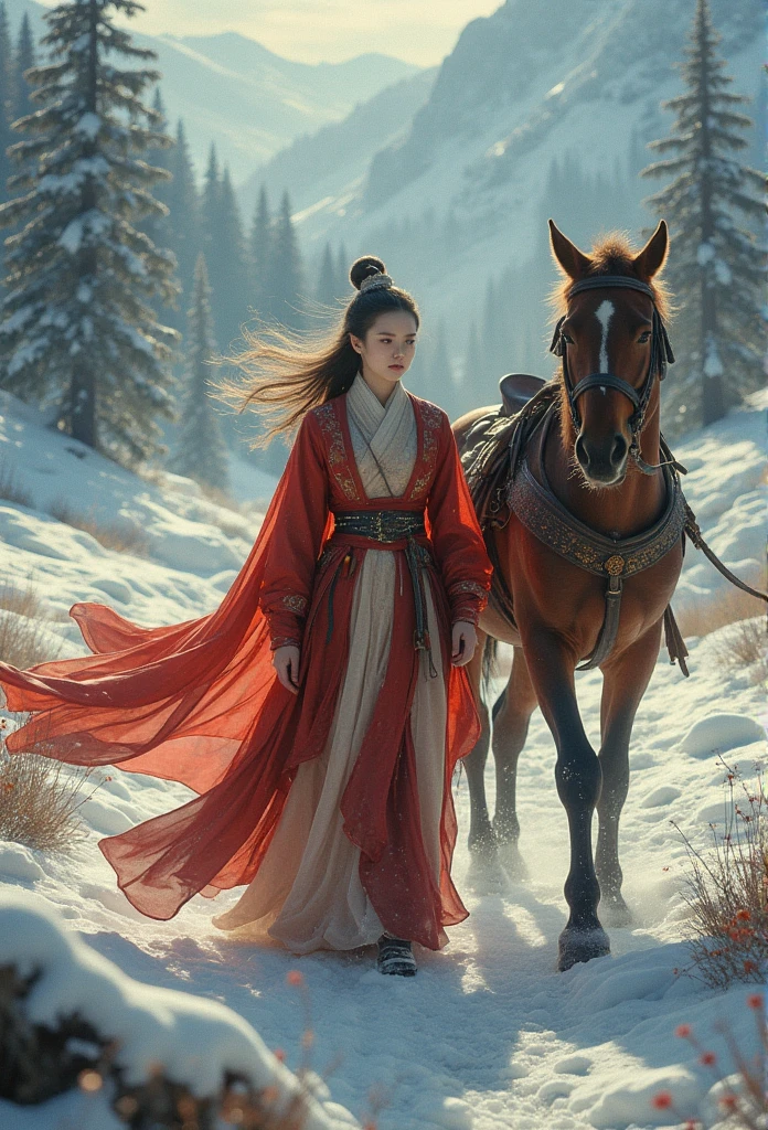 masterpiece， highest quality， Delicate details ，Chinese，Peerless Beauty， Delicate and snowy ，Lead the horse，wilderness，Red cape，Hanfu，winter，Northern Scenery ， Yanzhi Changxue ，Long flowers， Faded eyebrows ， No beard ， movie lighting， Dramatic Perspective， Diagonal Composition ，close up，Film Grain