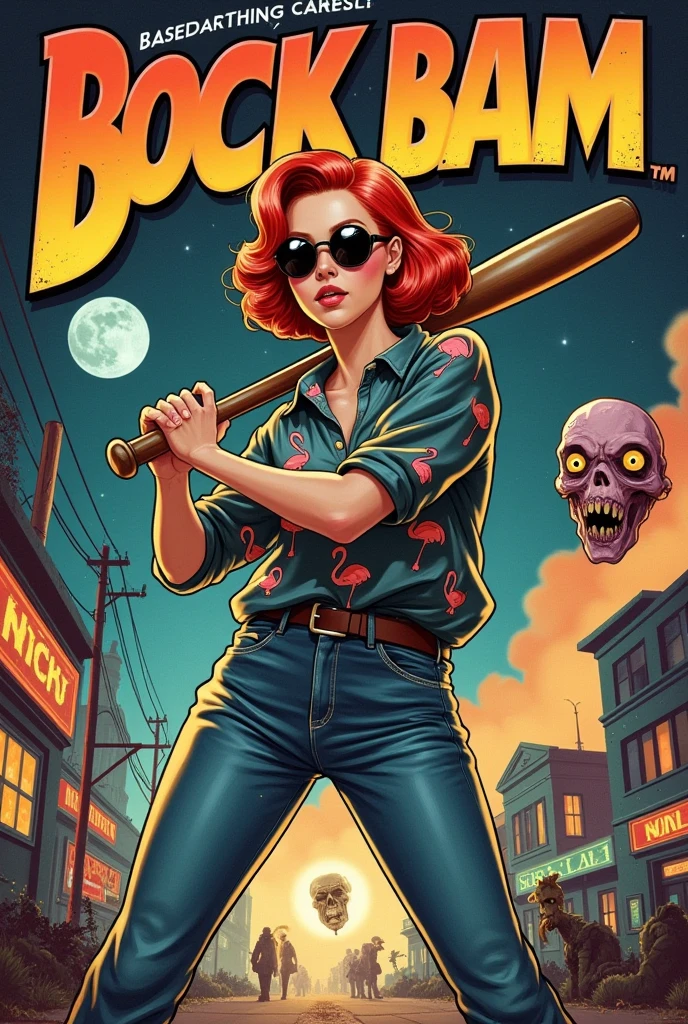 cover features a stunning young woman with vibrant red hair cut into a stylish bob, wearing round glasses that add a quirky charm to her look. Dressed in oversized clothing, she sports a loose-fitting shirt adorned with a playful flamingo print, paired with baggy jeans and classic Nike sneakers.

In a dynamic pose, she’s poised to swing a baseball bat, exuding confidence and energy. The bat is raised high as she prepares to strike, capturing the action in a hyper-realistic style.

Close to the camera, a zombie head flies through the air, its expression a mix of surprise and menace, adding a thrilling element to the scene. The background is a vivid cyberpunk, post-apocalyptic landscape, featuring neon lights, crumbling buildings, and a haze of atmospheric smoke that enhances the dramatic feel.

The overall design reflects the classic comic book aesthetic of the 1940s, with bold colors and stylized typography. The title at the top bursts with energy, while the tagline below hints at adventure and chaos in a world gone awry, perfectly marrying horror and humor in this captivating comic cover.