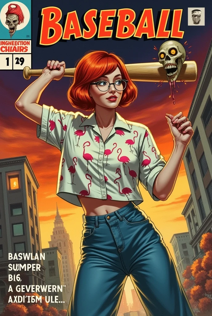 cover features a stunning young woman with vibrant red hair cut into a stylish bob, wearing round glasses that add a quirky charm to her look. Dressed in oversized clothing, she sports a loose-fitting shirt adorned with a playful flamingo print, paired with baggy jeans and classic Nike sneakers.

In a dynamic pose, she’s poised to swing a baseball bat, exuding confidence and energy. The bat is raised high as she prepares to strike, capturing the action in a hyper-realistic style.

Close to the camera, a zombie head flies through the air, its expression a mix of surprise and menace, adding a thrilling element to the scene. The background is a vivid cyberpunk, post-apocalyptic landscape, featuring neon lights, crumbling buildings, and a haze of atmospheric smoke that enhances the dramatic feel.

The overall design reflects the classic comic book aesthetic of the 1940s, with bold colors and stylized typography. The title at the top bursts with energy, while the tagline below hints at adventure and chaos in a world gone awry, perfectly marrying horror and humor in this captivating comic cover.