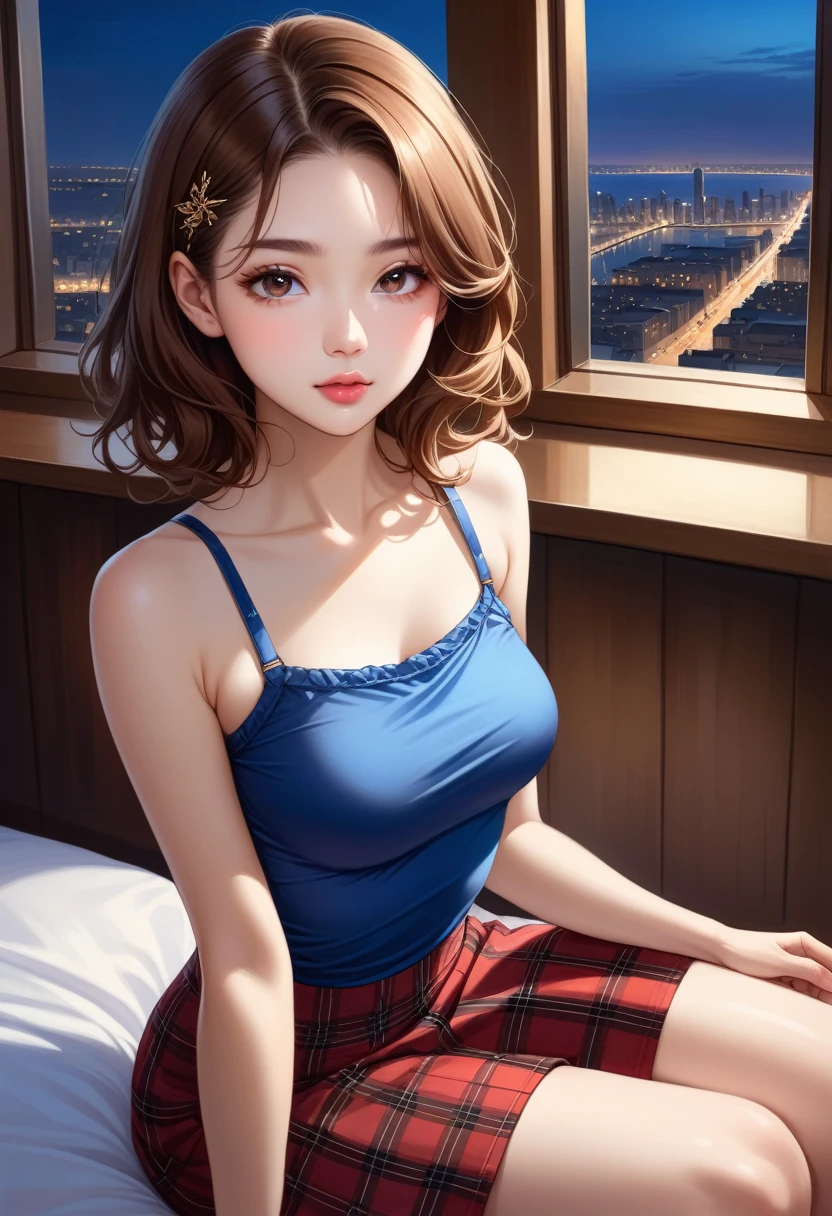 (Ultra-Detailed, Top Quality, High Resolution, Sharp Focus:1.4), (Craftsmanship Hyper-Realistic Photography:1.4), A beautiful 20 year old tiptop supermodel woman in an off-shoulder t-shirt, bra straps, plaid flared skirt is sitting on the bed in the hotel room at night, a horny atmosphere, looking at the viewer. She has medium brown hair and a hair clip, smooth pale skin, dark eyes, narrow nose, open mouth, rosy cheeks, shiny lips, small breasts. Her face, body and even the texture of her hair are rendered in extreme detail. Background window with cityscape at night, (intricate background:1.1). Side view.