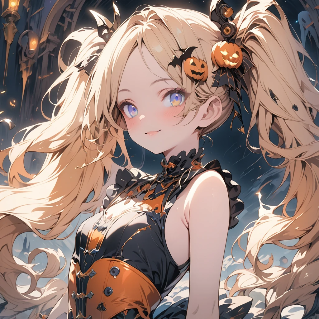 Absurd,anime,Detailed and beautiful eyes,(art),(artistic clothing:1.5),ハロウィンコスプレ,Halloween,sleeveless,Blonde, twin tails,smile,(a girl:1.5),from the waist up,(small breasts:1.2),(small chest:1.2),mysterious,Hello,(Large detailed hair ornament:1.2),(look away:1.5),detailed clothes,Flashy Moves,Mechanical,masterpiece, moe kawaii,abyss,luster,lame,(ultra detailed:1.2), ((highest quality)) ,Extremely Delicately Beautiful ,64k