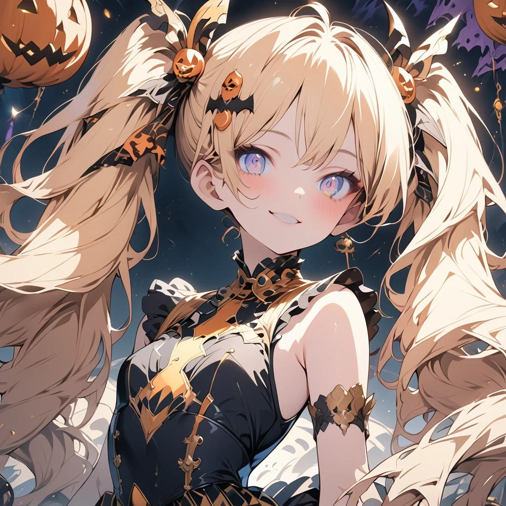 Absurd,anime,Detailed and beautiful eyes,(art),(artistic clothing:1.5),ハロウィンコスプレ,Halloween,sleeveless,Blonde, twin tails,smile,(a girl:1.5),from the waist up,(small breasts:1.2),(small chest:1.2),mysterious,Hello,(Large detailed hair ornament:1.2),(look away:1.5),detailed clothes,Flashy Moves,Mechanical,masterpiece, moe kawaii,abyss,luster,lame,(ultra detailed:1.2), ((highest quality)) ,Extremely Delicately Beautiful ,64k