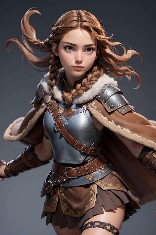 ( masterpiece ,  The best quality ) (young warrior woman of nordic descent), (Brown eyeuscular), (fur skirt), (short skirt) (Brown hair color),(loose hair with small braids on the scalp), (leather strap top) feathers, cape over the shoulder, bufas, (blue, gray and brown suit). Run position.