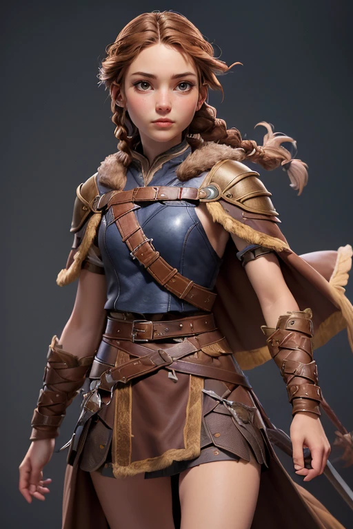 ( masterpiece ,  The best quality ) (young warrior woman of nordic descent), (Brown eyeuscular), (fur skirt), (short skirt) (Brown hair color),(loose hair with small braids on the scalp), (leather strap top) feathers, cape over the shoulder, bufas, (blue, gray and brown suit). Run position.