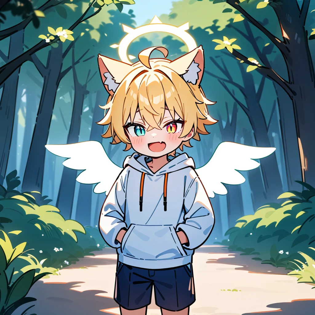 （masterpiece：1.2，high quality），8k，High resolution，A seven-year-old boy，cute boy， blonde hair，short hair，crossed bangs， heterochromia，slit pupils， ahoge，cat ears，halo on the head，（halo），laughing，skin fang，There are white angel wings behind，Wearing a white hoodie，Dark blue shorts，Standing outdoors，Flowering tree branches，In the forest.，primary school student，thigh，fox tail，alone，((Put your hands in your pockets))