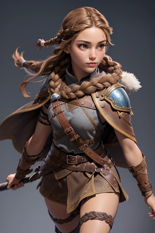 ( masterpiece ,  The best quality ) (young warrior woman of nordic descent), (Brown eyeuscular), (fur skirt), (short skirt) (Brown hair color),(loose hair with small braids on the scalp), (leather strap top) feathers, cape over the shoulder, bufas, (blue, gray and brown suit). Run position.