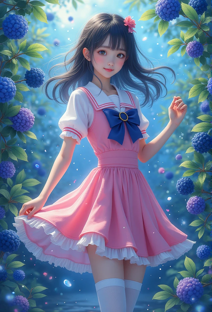  Japanese beauty in a pink dress and white shirt, Qingfu,( Japanese schoolgirls in school uniforms :1.4 ) ,White thigh high socks, (Magic School学生) , JK, Japanese School, wearing Japanese School, Magic School,  cute schoolgirl , hyper Realistic schoolgirl,  Realistic schoolgirl, a hyper Realistic schoolgirl, Dressed schoolgirl, Anime Thai Girl, (XLabs F.1 Realism LoRA V1), (  in a blooming blueberry bush  :1.4),( American Posture), ( bright colors in a semen shop), (Stained glass blue background), ( floating particles , Magical water rain   )