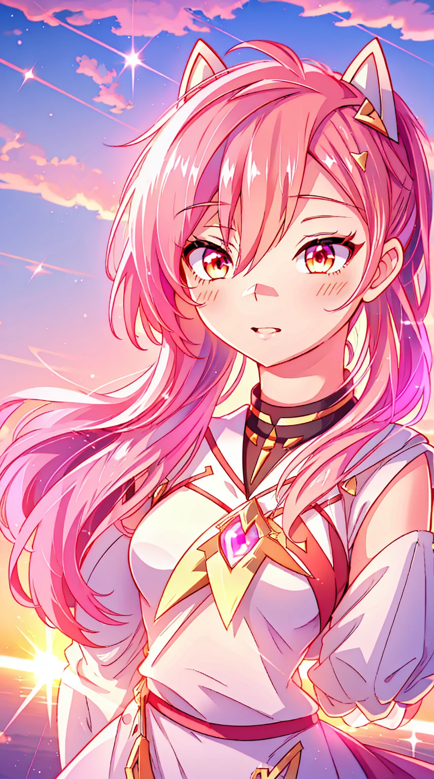 sunrise, skyline, sunrise, good quality shining golden and red eyes1 girl , long pink hair, she wears , very long hair, bright pink hair ,glowing eyes、( highest quality 、very detailed、cute、 ultra high resolution ) 