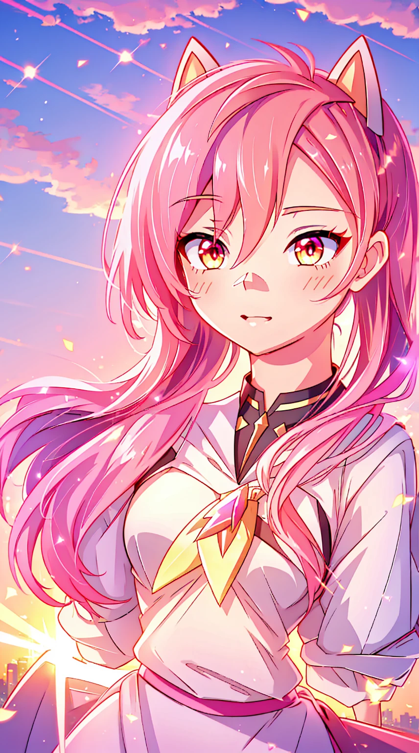 sunrise, skyline, sunrise, good quality shining golden and red eyes1 girl , long pink hair, she wears , very long hair, bright pink hair ,glowing eyes、( highest quality 、very detailed、cute、 ultra high resolution ) 