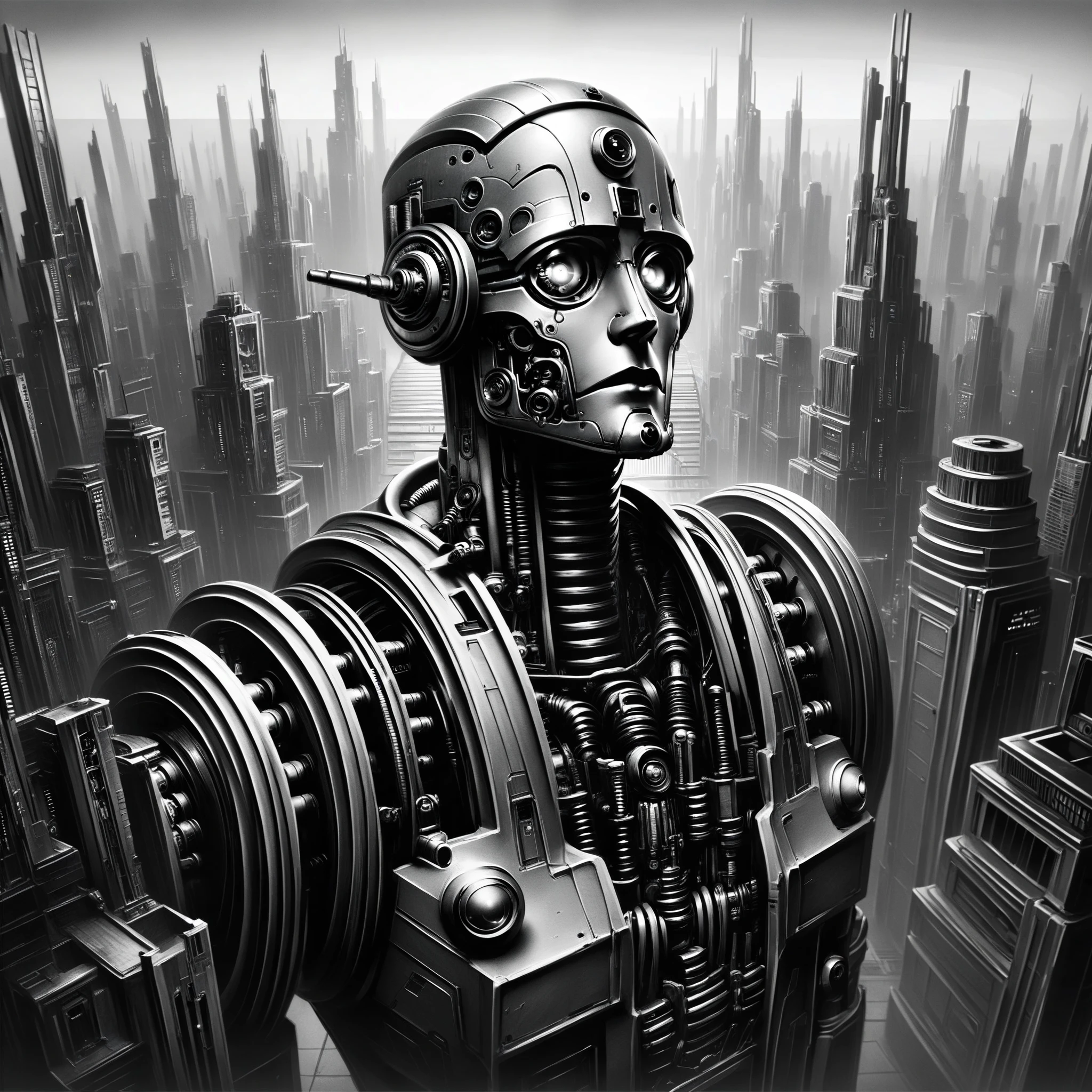 score_9, score_8_above, score_7_above, android,  futuristic, Stylized, Art Deco, expressionist, 1920s,  Black and White  