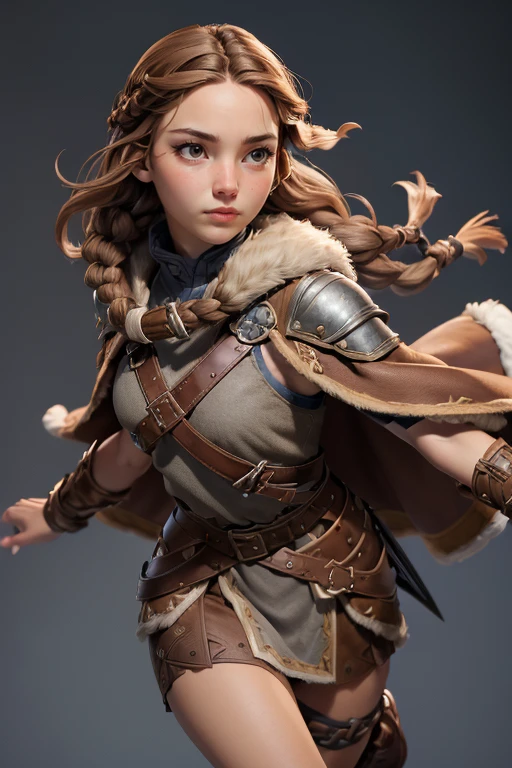 ( masterpiece ,  The best quality ) (young warrior woman of nordic descent), (Brown eyeuscular), (fur skirt), (short skirt) (Brown hair color),(loose hair with small braids on the scalp), (leather strap top) feathers, cape over the shoulder, bufas, (blue, gray and brown suit). Run position.